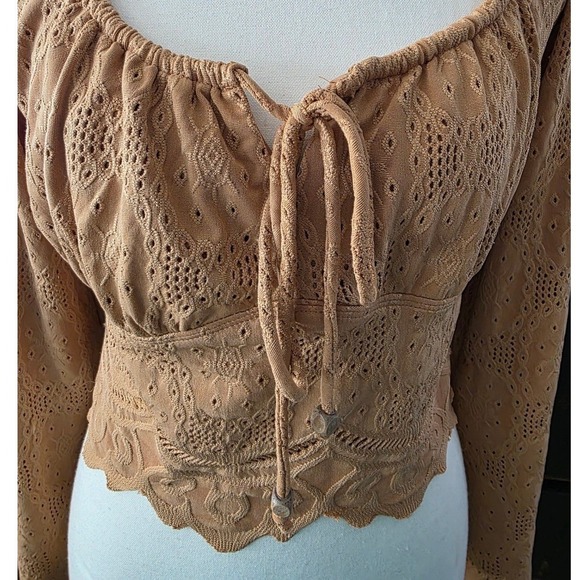 KIRIOUS LA Womens Size L Dainty Brown Long Sleeve Cropped Top Babydoll Coquette - Picture 3 of 13